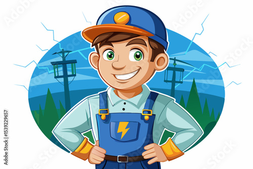 electrician standing with a reassuring smile on a white isolated background, representing safety, reliability, technical skill, and professional electrical services