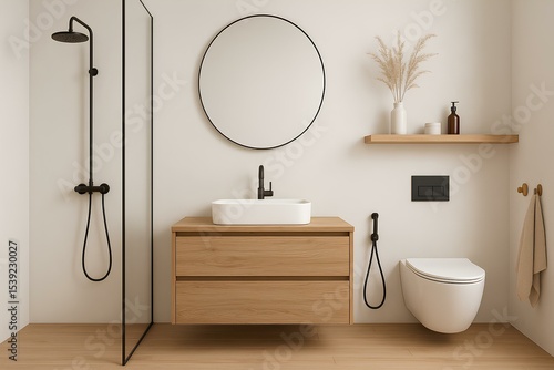 Scandinavian style bathroom light walls, black faucets, natural wood elements