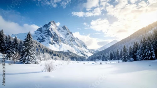 Wallpaper Mural Scenic winter mountain landscape with fir trees covered in fresh snow under a blue sky with clouds in a tranquil valley Torontodigital.ca