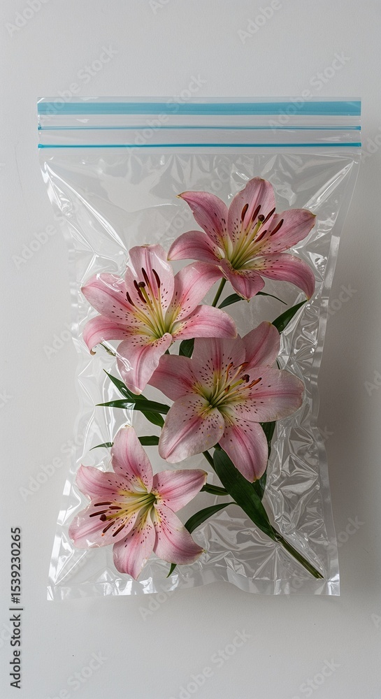 Obraz premium Pink lilies packed in a transparent plastic bag on white background 