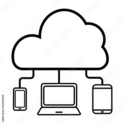 クラウドとスマホやパソコンの接続を表すシンプルな線画イラスト