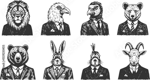 different animals and birds in humans clothes and suits. Lion, tuscan bird and bear next to rabbit and goat for drinks or emblems. Anthropomorphic wild animals drawing. Hand drawn sketchy old style 