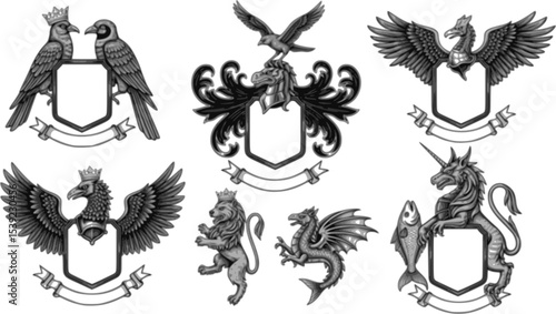 Animals for Heraldry in vintage style. Engraved coat of arms with birds, mythical creatures, fish, dragon, unicorn, lion. Medieval Emblems and the logo of the fantasy kingdom