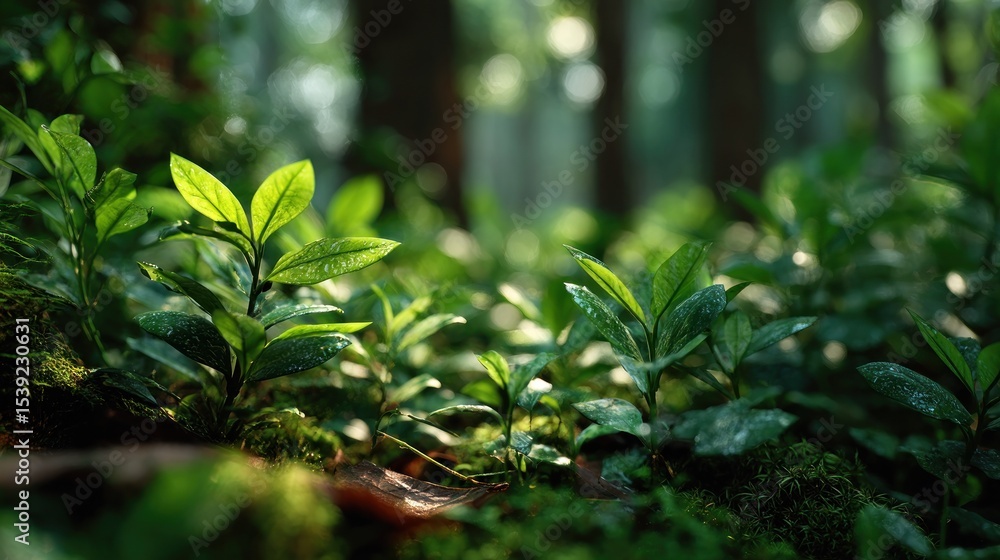 Obraz premium Sunlit undergrowth in a lush forest with vibrant green leaves detail