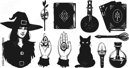 Big collection of wizardry elements for magic rituals or tarot deck, book, cat hand Witch with stone of prediction. Halloween witchcraft and sorcery things magician and voodoo hand drawn engraved