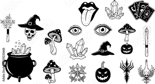 Big collection of wizardry elements for magic rituals or tarot deck, cauldron and crystals tongue, dead eye, mushrooms Halloween different witchcraft and sorcery tmagician and voodoo hand drawn