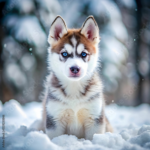 cute little husky puppy in snow
