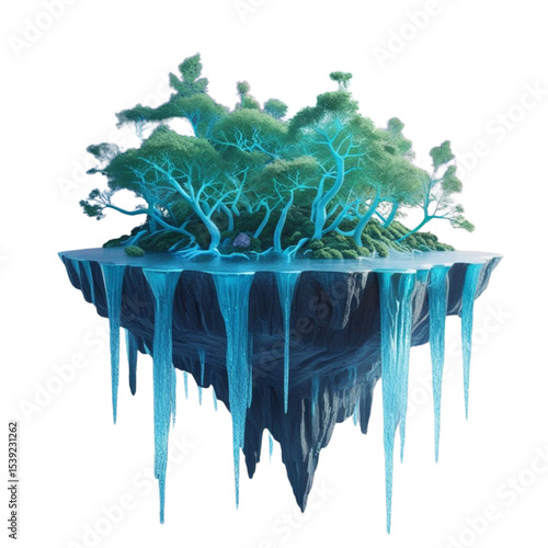 Floating island landscape with waterfalls and trees fantasy art digital painting scenic nature illustration, 3d render