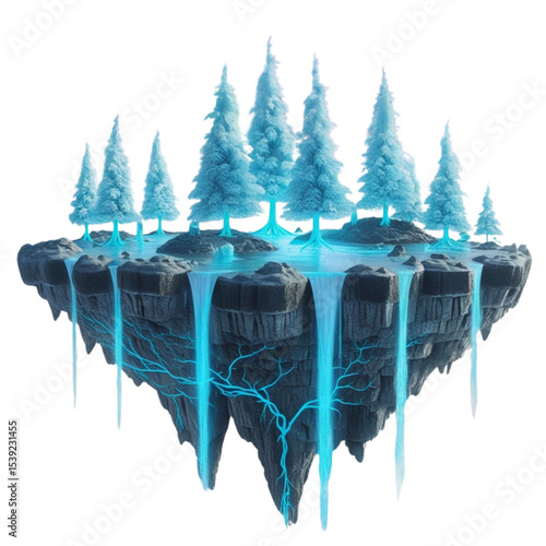 Floating island landscape with blue waterfalls and trees fantasy art digital painting concept art design