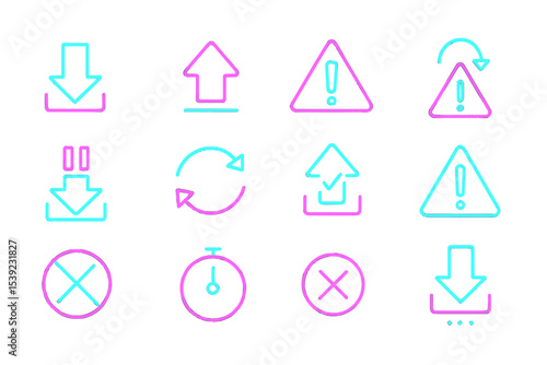 Neon download and alert icons with arrows and warning symbols