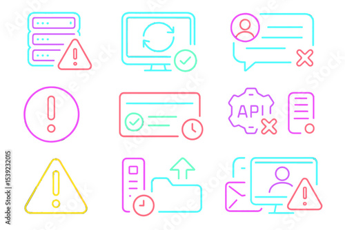 Neon icons: alerts, updates, api, folders, and chat symbols in vibrant colors
