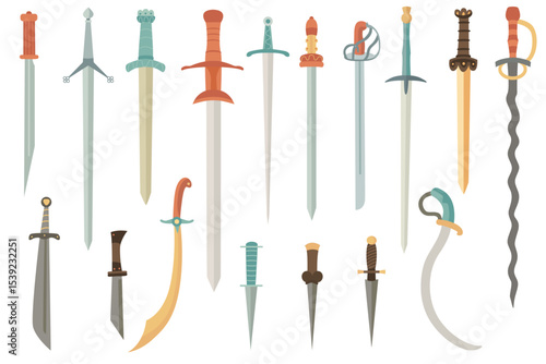 A colorful flat illustration set of various historical swords and daggers. Includes double-edged longswords, scimitars, seax, sabres, flamberge, and other classic blade types. 