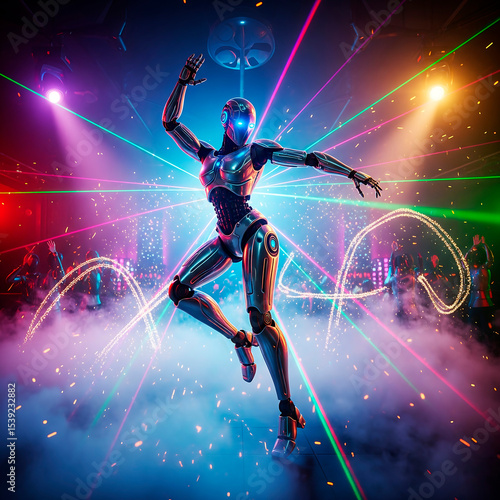 Sleek metallic robot dancing in a vibrant nightclub with colorful laser lights and smoke, symbolizing futuristic entertainment, artificial intelligence, or robotic agility.