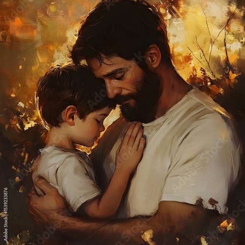 A digital painting of a father embracing his son with a warm and loving expression on their faces