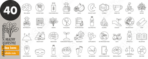 Healthy lifestyle - editable stroke thin line icons set. Meditation, self-care, inner growth, healthy diet, sport, balance, relaxation, nature, night rest, vitamins, nutrition, vector illustration