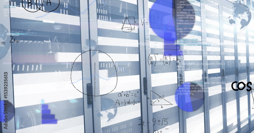 Fototapeta premium Glass-front rack door featuring metallic handle in data center corridor, with equation overlays