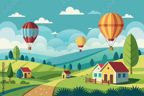Rural village landscape with colorful houses, green trees, and blue sky, featuring a hot air balloon over hills