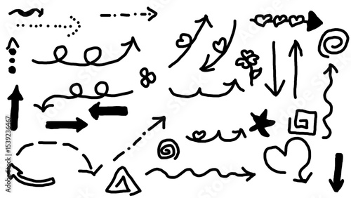 Ensemble de flèches gribouillées dessinées à la main au marqueur. Style enfantin et naïf. Illustration vectorielle pour des projets de design