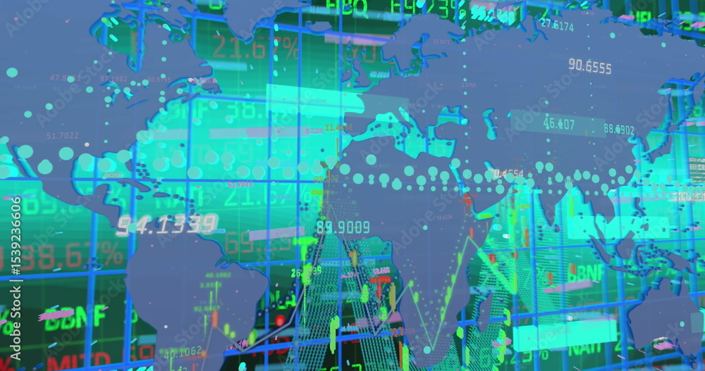 Naklejka premium Displaying translucent blue world map overlay on financial data interface, with stock tickers