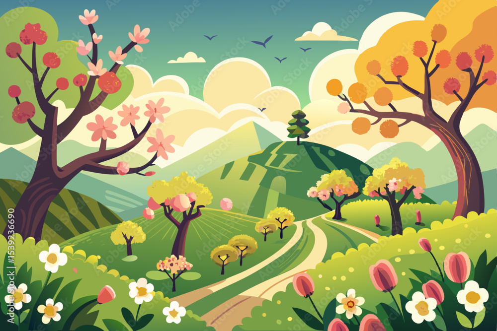 Fototapeta premium Vector cartoon illustration of a vibrant spring landscape with blooming trees and flowers, birds, and a bright sky over a rural meadow