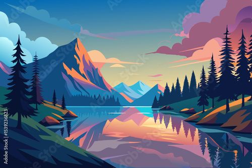Winter sunset over a snowy mountain landscape with a fiery sky and a serene forest below