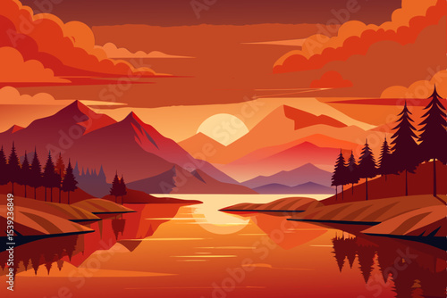 Majestic mountain landscape at dawn or dusk, with sunbeams piercing through mist and clouds over valleys and forests