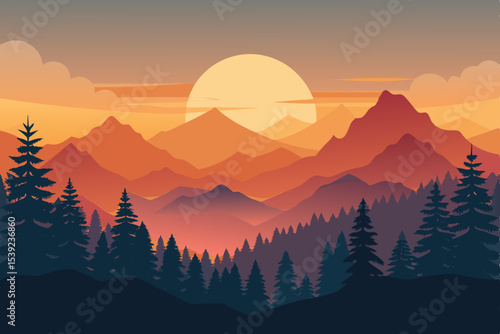 Sunset and sunrise illuminate a breathtaking mountain landscape, with peaks shrouded in mist and clouds, creating a serene and beautiful dawn or dusk view