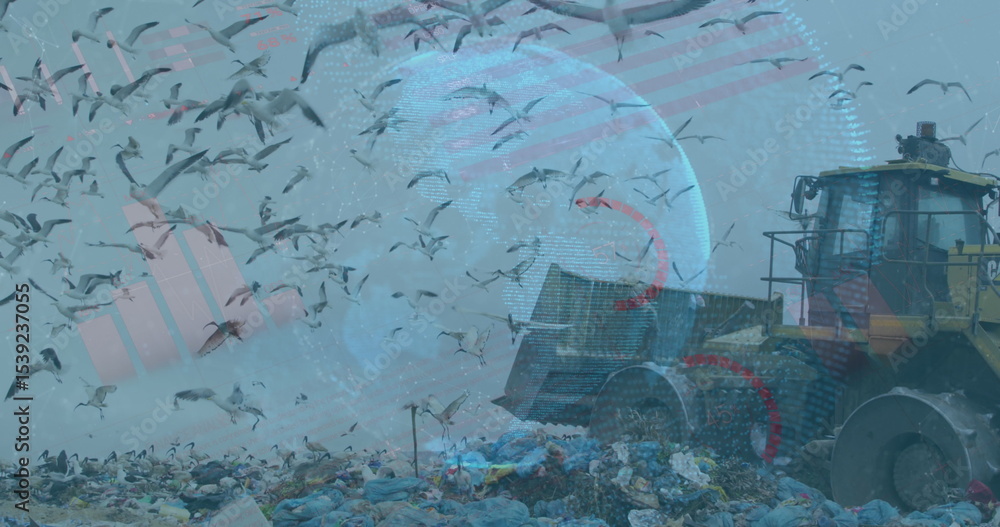 Naklejka premium Pushing compactor leveling garbage at dump, with gulls, globe and flag-stripe overlay, copy space