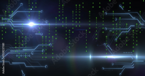 Displaying circuit traces merging with falling green binary digits on digital display, lens flares