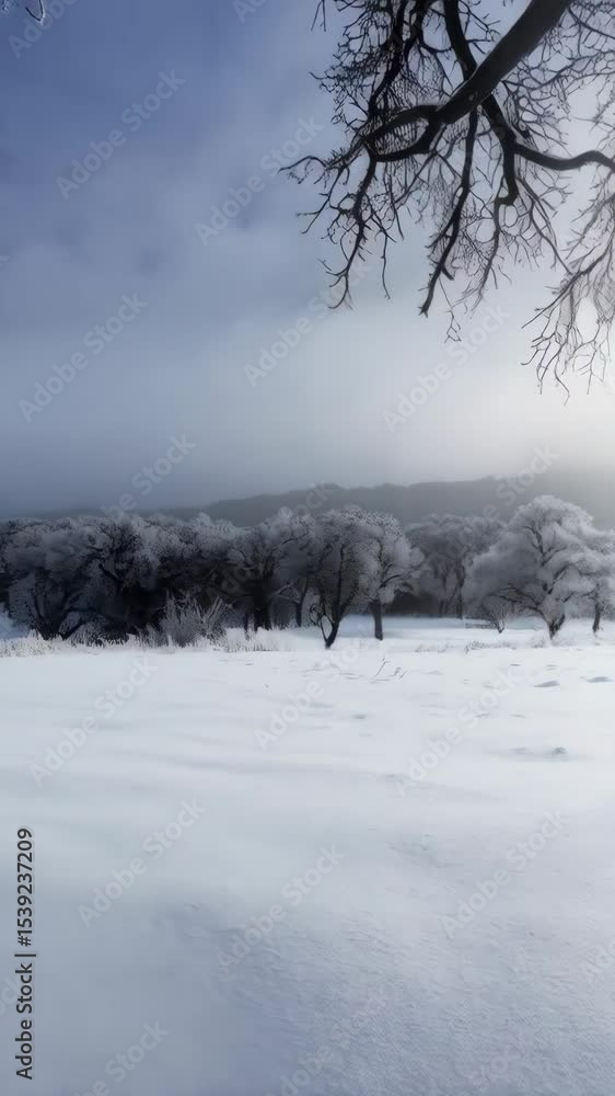 Serene winter landscape featuring frosted trees, a snow covered field, and an overcast sky with a bright light shining through the clouds. Serene winter landscape featuring frosted trees, a snow covered field, and an overcast sky with a bright light shining through the clouds.