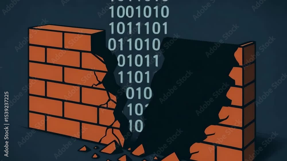 A digital illustration showing a brick wall cracking, revealing streams ...