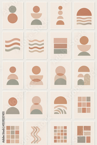 Modern Boho Wall Art Set - Kit de 20 affiches déco minimalistes – Pastel & Géométrie. style scandinave, formes simples - Palette pastel douce