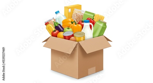 Food donation box filled with groceries and fresh produce on white background