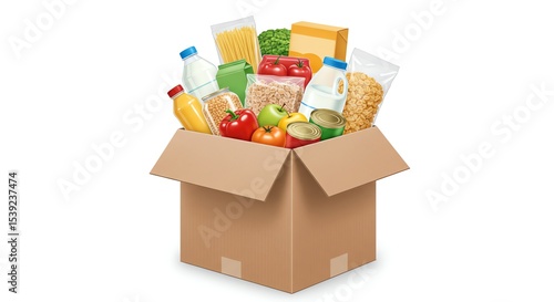 Overflowing cardboard box filled with groceries, including pasta, milk, and canned goods
