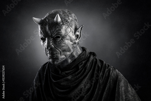 Portrait of a bad devil with horns on head over dark misty background