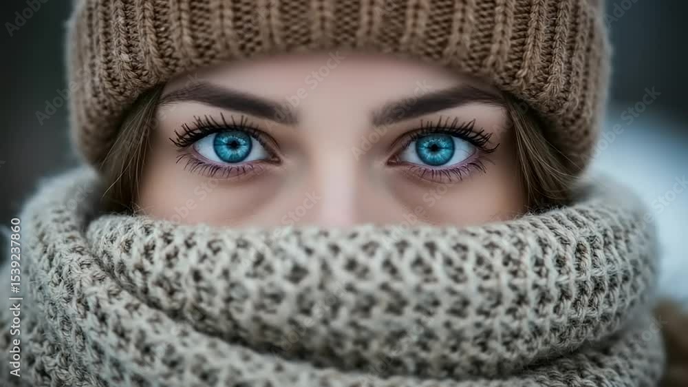 Intense Blue Eyes of a Woman Wrapped in a Winter Scarf and Beanie Intense Blue Eyes of a Woman Wrapped in a Winter Scarf and Beanie