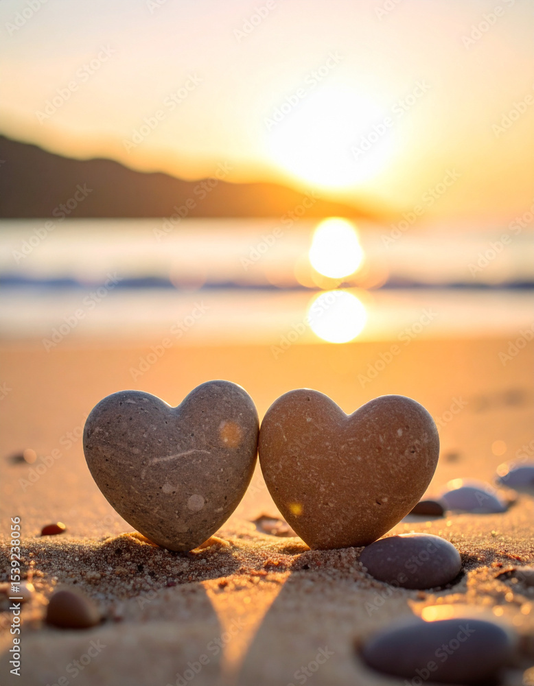 Fototapeta premium Two perfectly matched pebbles are nestled together forming a heart on a sandy beach at the water's edge.