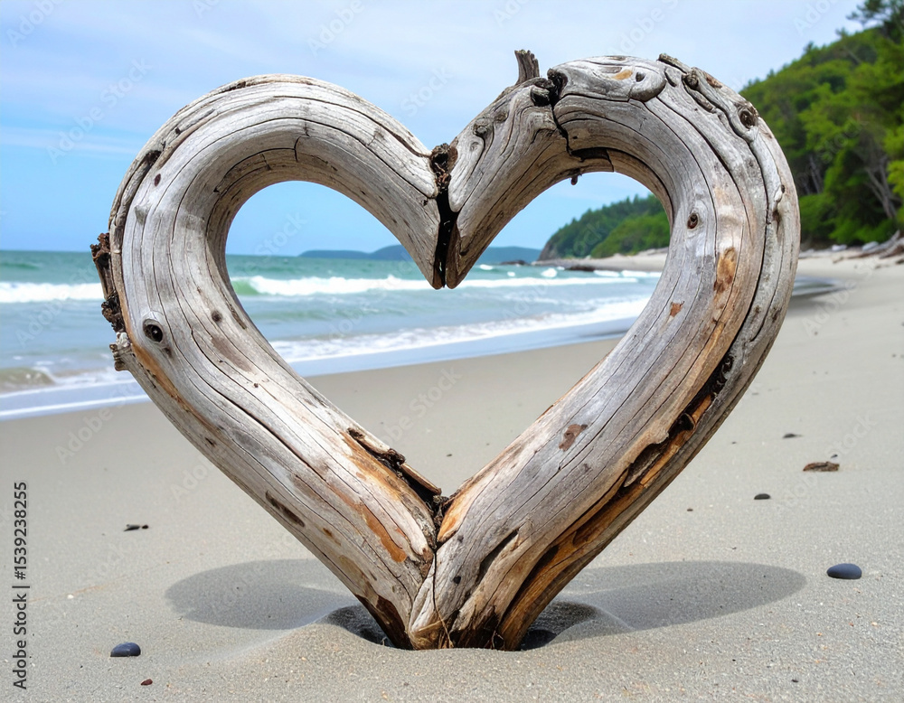 Fototapeta premium A sculpted piece of driftwood, naturally weathered, forms an organic, rustic heart shape on a quiet beach.