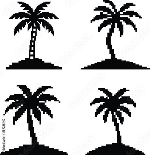 Pixel-style Set - 4 Coconut Tree Silhouettes on Unique Islands, EPS/JPEG/PNG