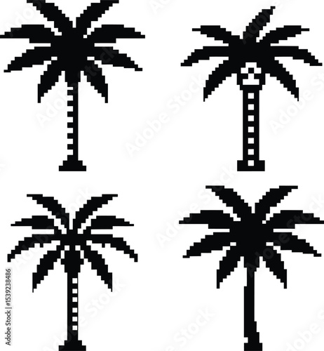 Pixel-style coconut tree vector set - 4 tropical silhouettes, EPS JPEG PNG