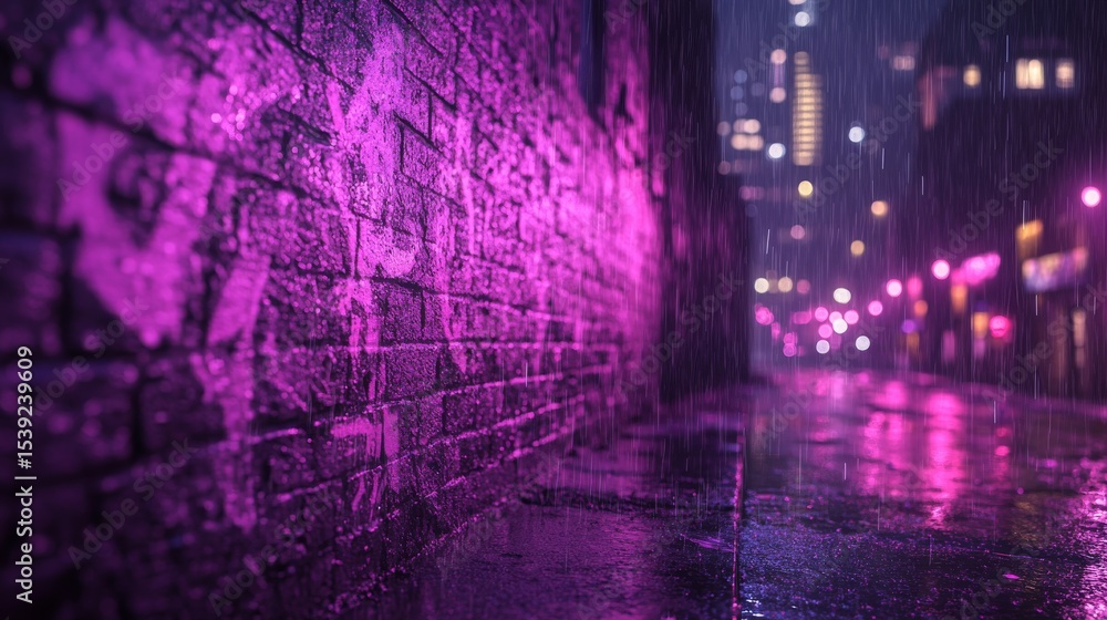 Obraz premium Neon-lit alleyway drenched in rain.