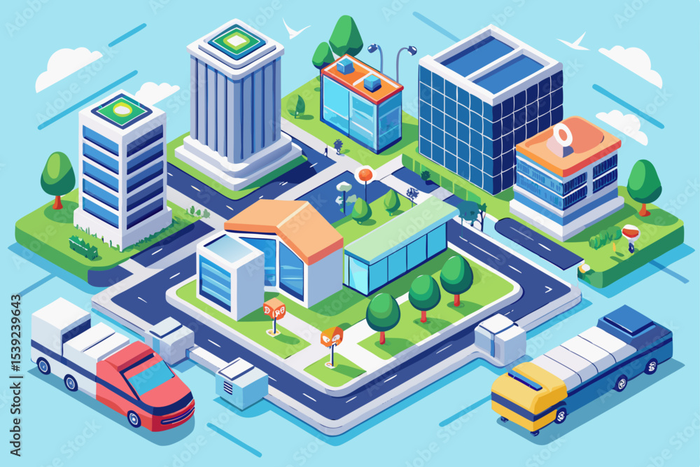 Isometric city vector illustration set: urban buildings, homes, factories, and streets designed for business and real estate maps Isometric city vector illustration set: urban buildings, homes, factories, and streets designed for business and real estate maps