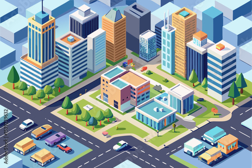 An isometric vector illustration depicting a vibrant city street scene with diverse buildings, trees, and urban architecture elements