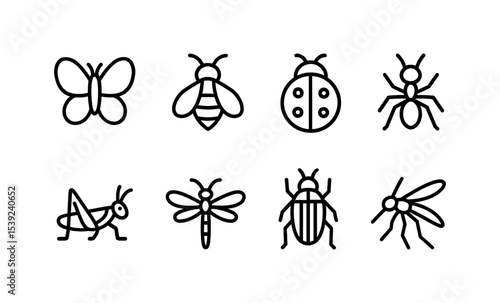 Minimalist insect icons set: butterfly, bee, ladybug, ant, grasshopper, dragonfly, beetle, mosquito