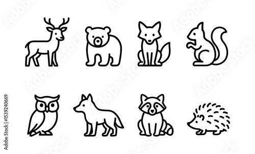 Cute woodland animals outline icons: deer, bear, fox, squirrel, owl, wolf, raccoon, and hedgehog