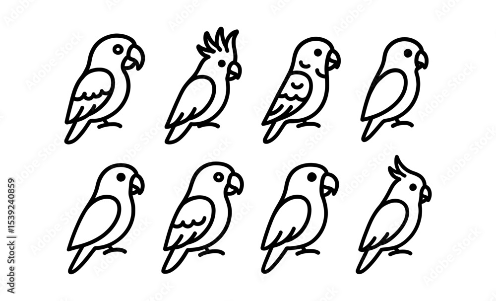 Fototapeta premium Collection of parrot line art illustrations: minimalist tropical birds with unique features