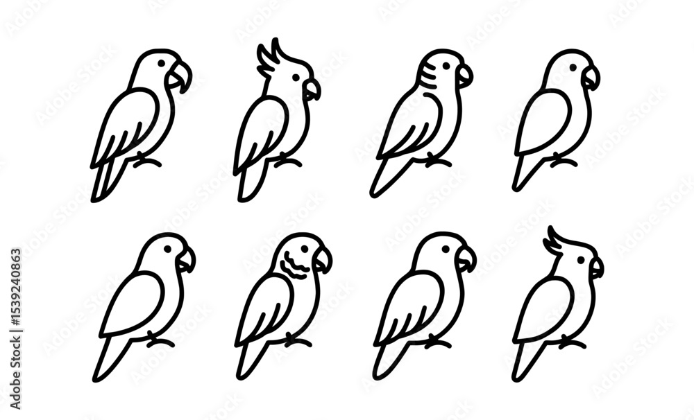 Fototapeta premium Simple line art of eight parrots in various poses and styles
