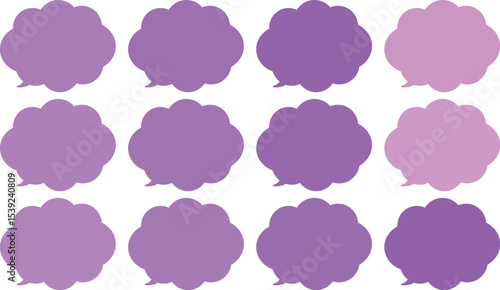 All the bubbles have a distinctive, rounded, cloud-like, or scalloped edge design. This vector image features twelve speech bubbles.