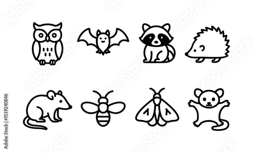 Adorable woodland and nocturnal animals: owl, bat, raccoon, hedgehog, mouse, bee, moth, lemur icons