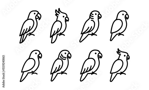 Simple line art of eight parrots in various poses and styles